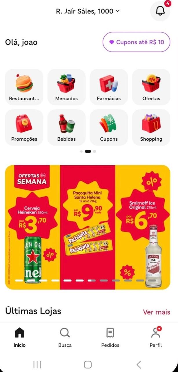 Interface do iFood mostrando categorias, promoções e navegação do usuário