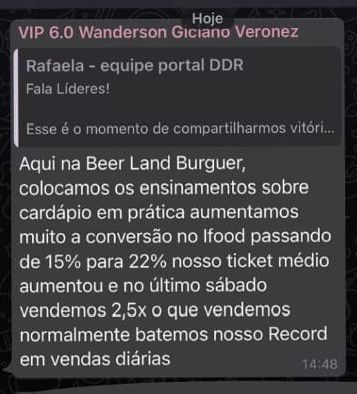 Mensagem WhatsApp de Rafaela sobre aumento de conversão de 15% para 22% e vendas 2,5x maiores