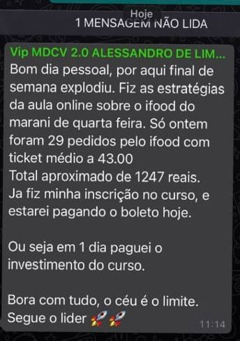Mensagem WhatsApp sobre 29 pedidos com ticket médio de R$ 43,00 totalizando R$ 1.247 após curso